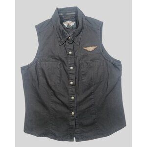 Harley-Davidson Vest Button Front Sleeveless Black Denim Embroidered Women's L